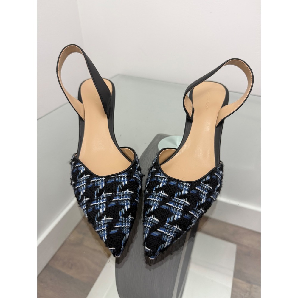 Ann Taylor Navy Black Tweed Pointed Toe Slingback Kitten Heels Pumps 7M
